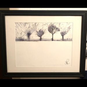 Original art mixed media trees nature black white